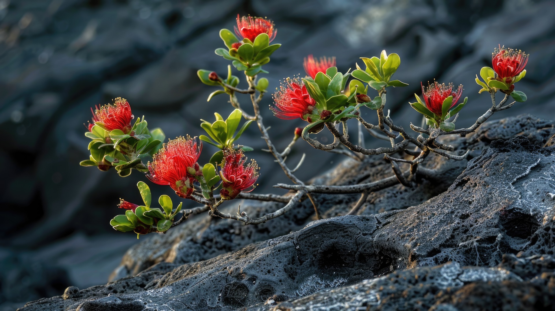 ʻŌhiʻa Lehua flowers on volcanic rock
