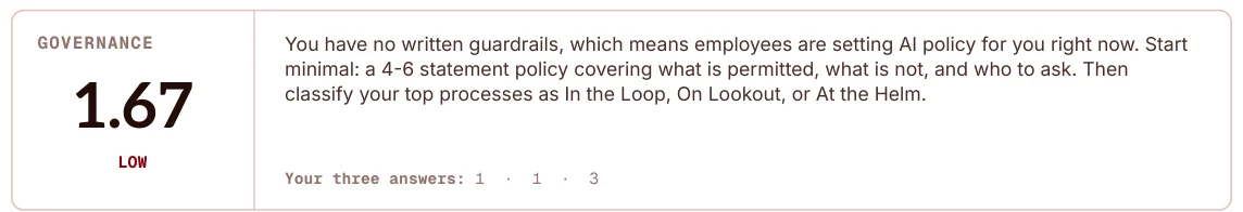 Sample driver result: Governance scores 1.67, Low, with a recommended first step.